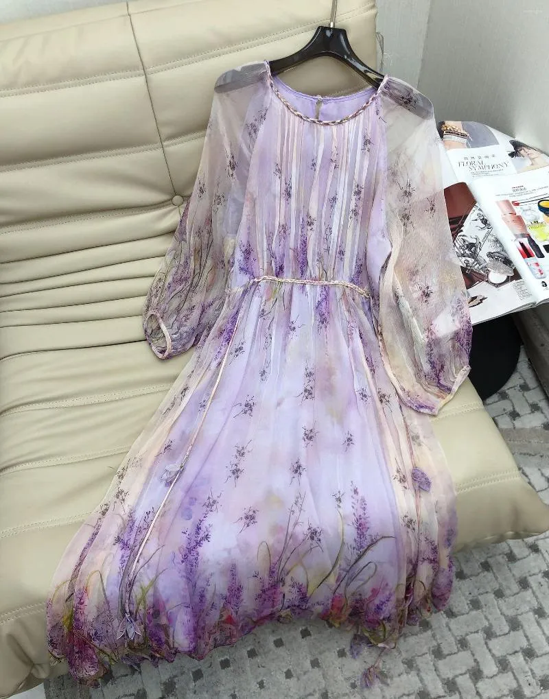 Robes décontractées soie haute qualité 2023 femmes violet imprimé fleuri lanterne manches longues col rond plis robe mi-longue S-XL