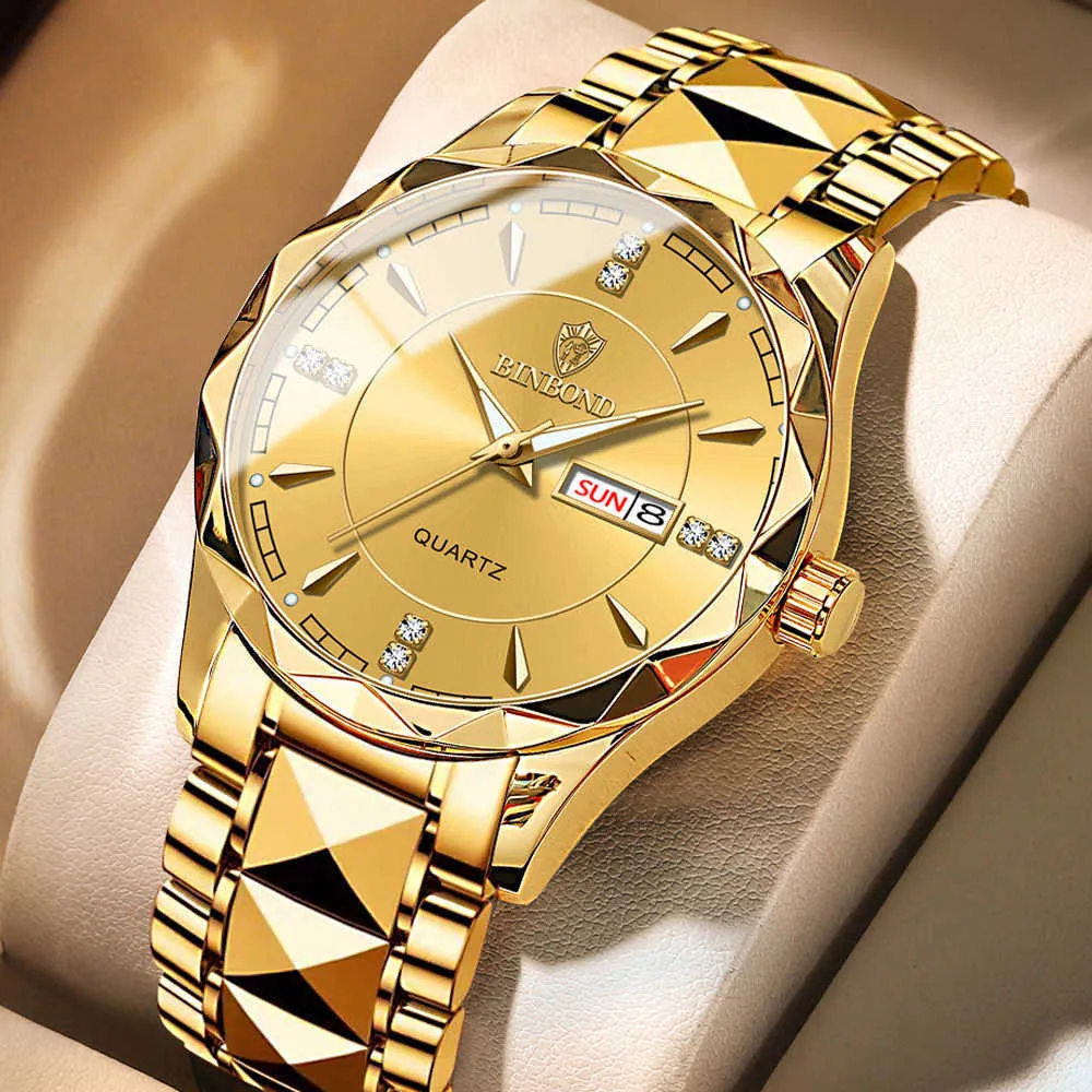 Binbond Business Deluxe Original Waterproof Stainless Steel Gold Men's Wristwatch Religio Masculino 2022 G230529