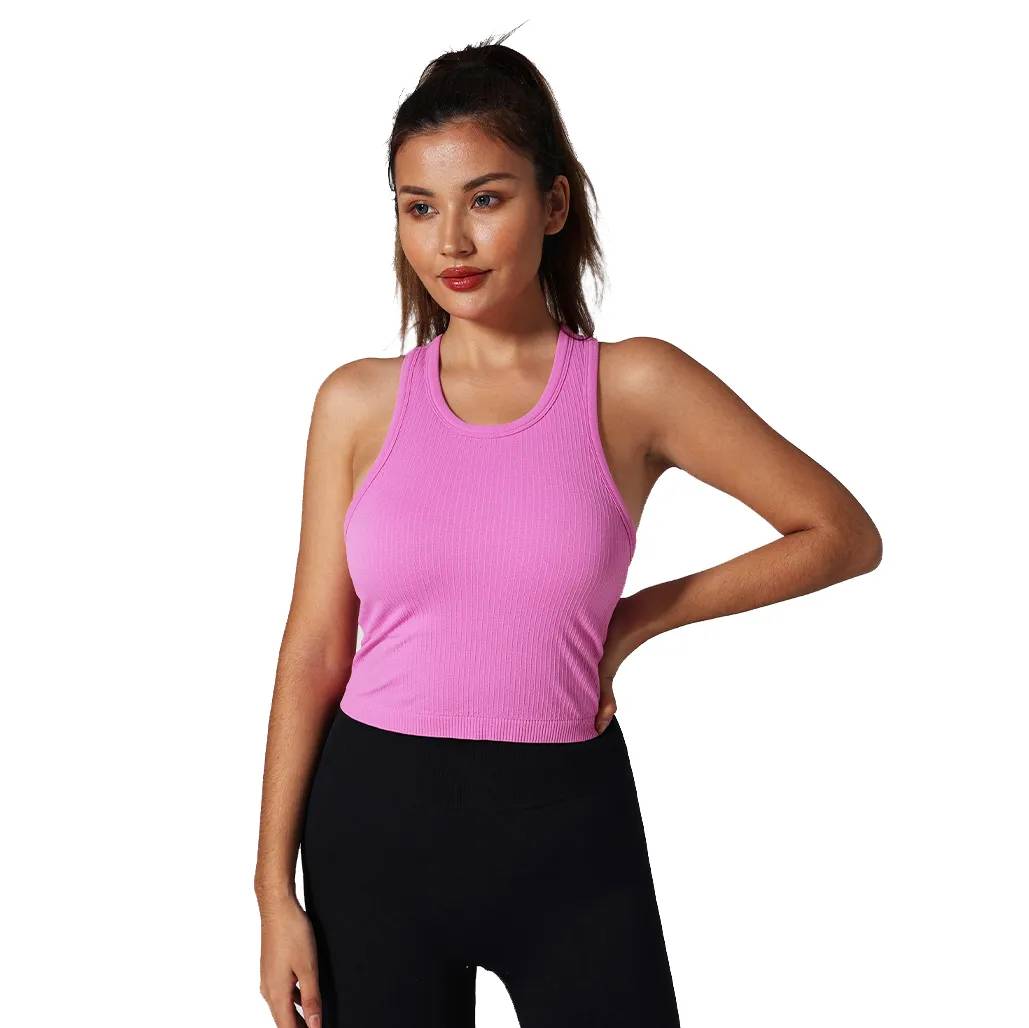 Canotte da yoga con retro scollato Canotte da fitness da donna senza maniche Doppio strato Alta elasticità Assorbimento dell'umidità e rimozione del sudore Camicie da palestra da corsa con reggiseno incorporato