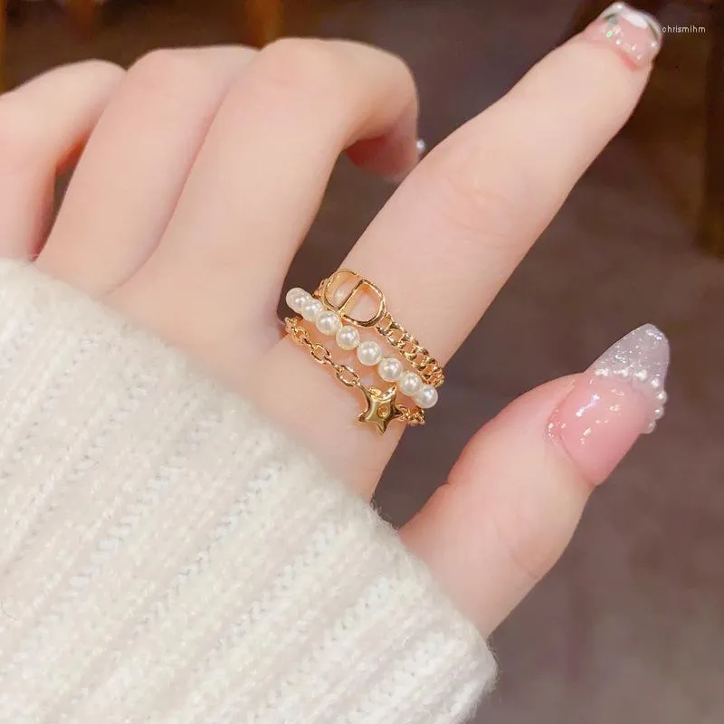 Cluster Rings Small Simple Design Chain Pearl Multi-layer Opening Ring Personality Fashion Delicate Adjustable Size Accessories.