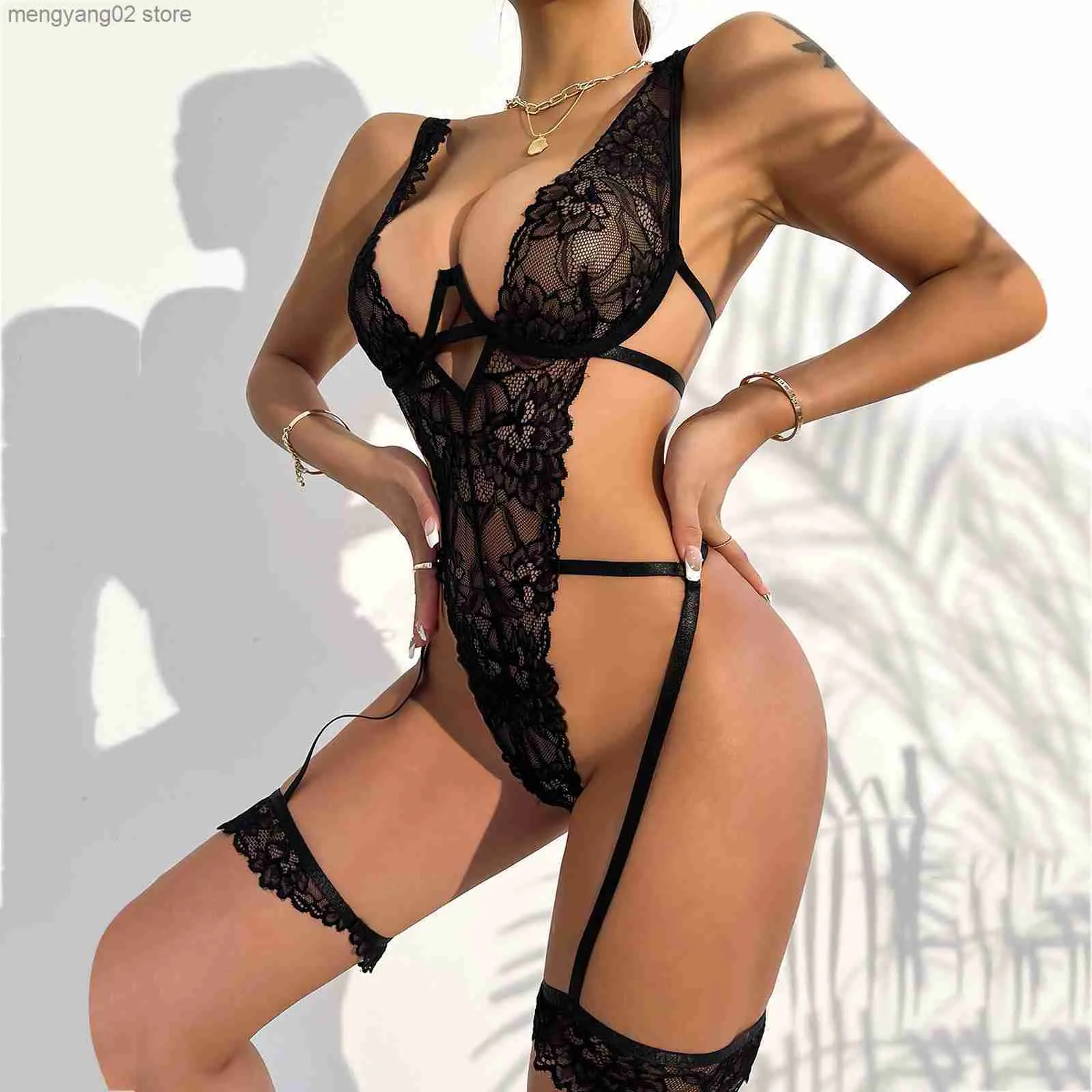 Sexig uppsättning Sexig underkläder för kvinnor Deep V Neck Teddy Sexig underkläder Transparent spetsbh och byxuppsättningar med strumpeband kvinnlig erotisk bodysuit T230530