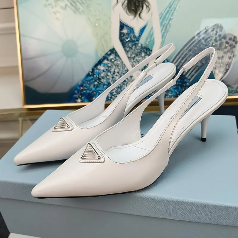 2023 Women s Luxury Leather High Heel Sandals Pointed Toe Back Strap Party Shoes in Black or White Sizes 35 41 with Box