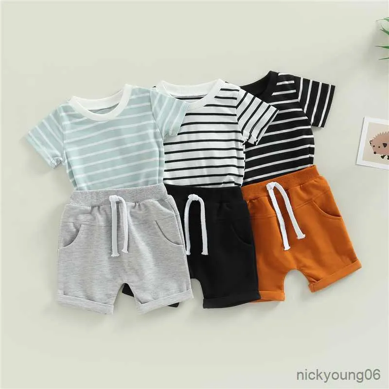 Kläder sätter sommarmode Baby Girl Boy -kläder Set nyfödda korta ärm randiga toppar och shorts barn passar outfit kostym