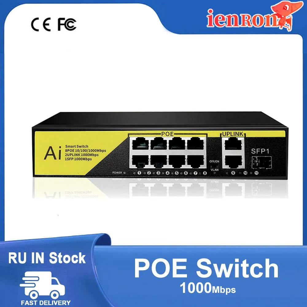 Kontroll Ienron 11Port Poe Full Gigabit Switch 52V 8 Port Poe+2 Uplinks+1 SFP 1000Mbps AI Smart Ethernet Switch för IP -kamera/WIFI -rutt