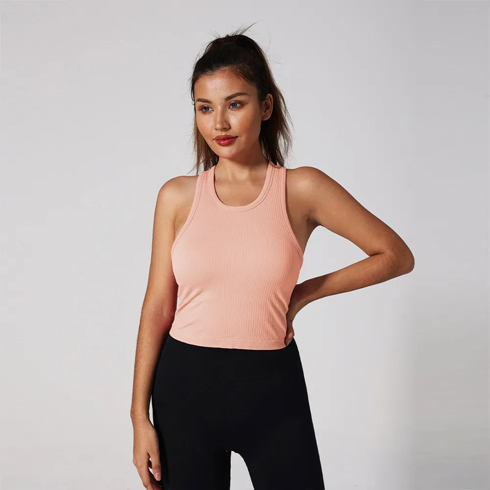 Hauts pour femmes T-shirts en tricot Débardeur court régulier Gilet double couche Haute élasticité Absorption de l'humidité et élimination de la transpiration Chemises de gym avec soutien-gorge intégré