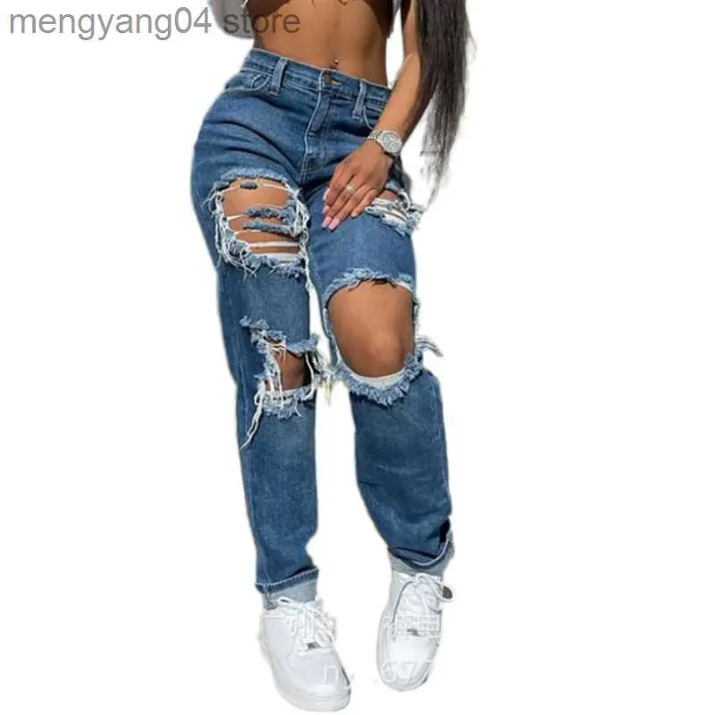 Dżinsy damskie puste dżinsy proste dżinsy kobiety niebieskie punkowe workowate w talii mama chłopak dżinsowy Koreańskie spodnie uliczne 8037 T230530