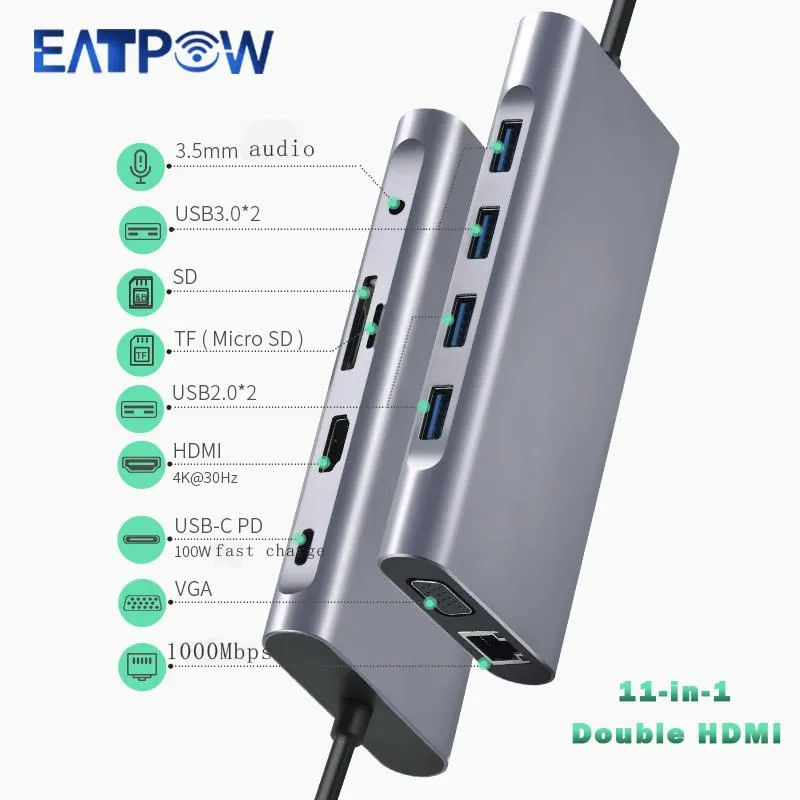 Hubs eatpow usb hub to hdmicompatation vga pd rj45 tf / sd lecteur adaptateur usb3.0 11 splitter port de type c pour ordinateur portable de type c de type C