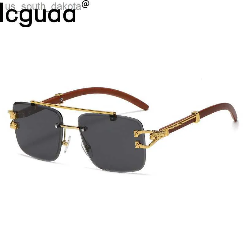 Sunglasses Punk Wood Printing Rimless Square Sunglasses Women Luxury Brand Designer Gold Lion Decoration Smoke Sun Glasses Men L230523