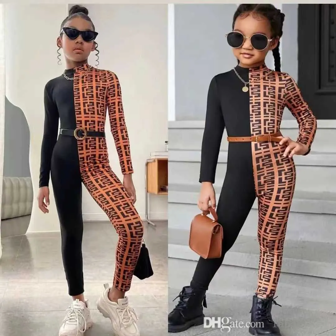 2023 Kids Clothes Girls Solid Jumpsuit Casual Long Sleeve Fashion Letter Printed Patchwork Spandex Rompers Pants For Infant Girl