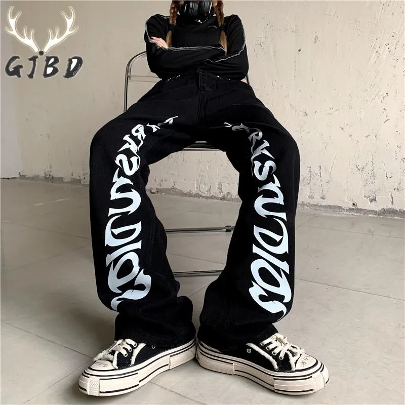 Jeans Black High Waist Women Jeans Vintage Streetwear Letter Printing Baggy  Straight Trouser Fashion Autumn Trend Wide Leg Denim Pants From Omky,  $24.48