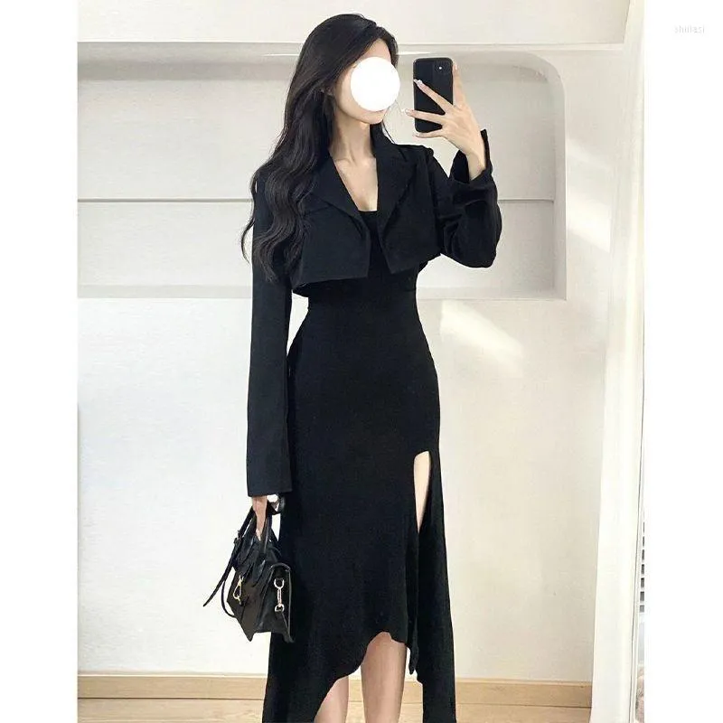 Elegant Women's Black Work Dress Set Slim Fit Suit Coat Fishtail Sling  Dress, Sophisticated Office Lady Outfit Buy Now!