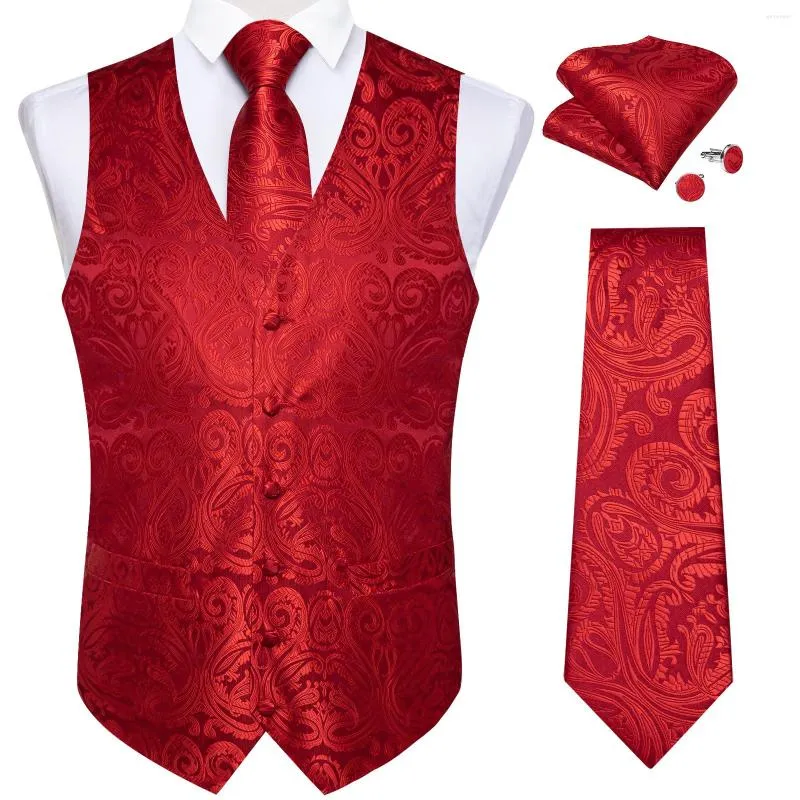 Mäns västar bröllop röd man v-hals väst formell affär smoking klänning smal väst för män fest lyxiga slips handduk manschettkänkar uppsättningar