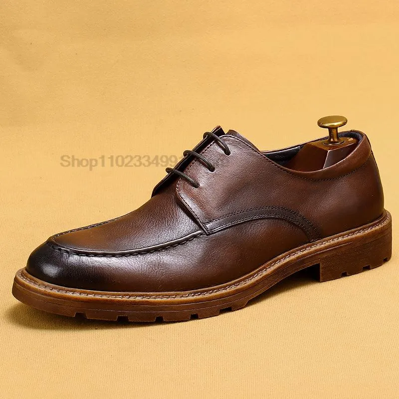 Классическая бизнес обувь мужская оксфордская дерби подлинная кожаная круглая мода