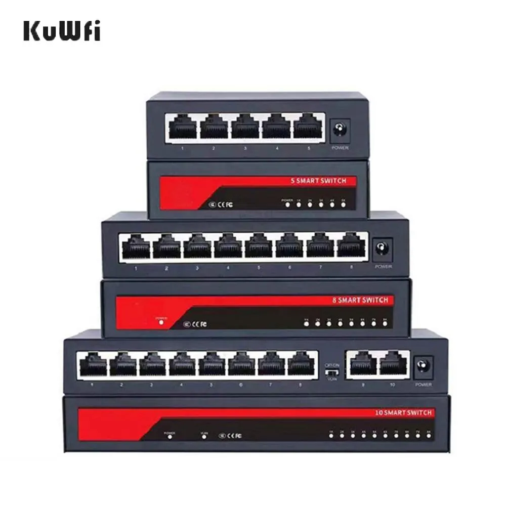 Routter Kuwfi Gigabit Switch 10/100/1000 Mbps 5/8/10 Port Ethernet Switch för IP -kamera/trådlöst WiFi -routerns sovsalar