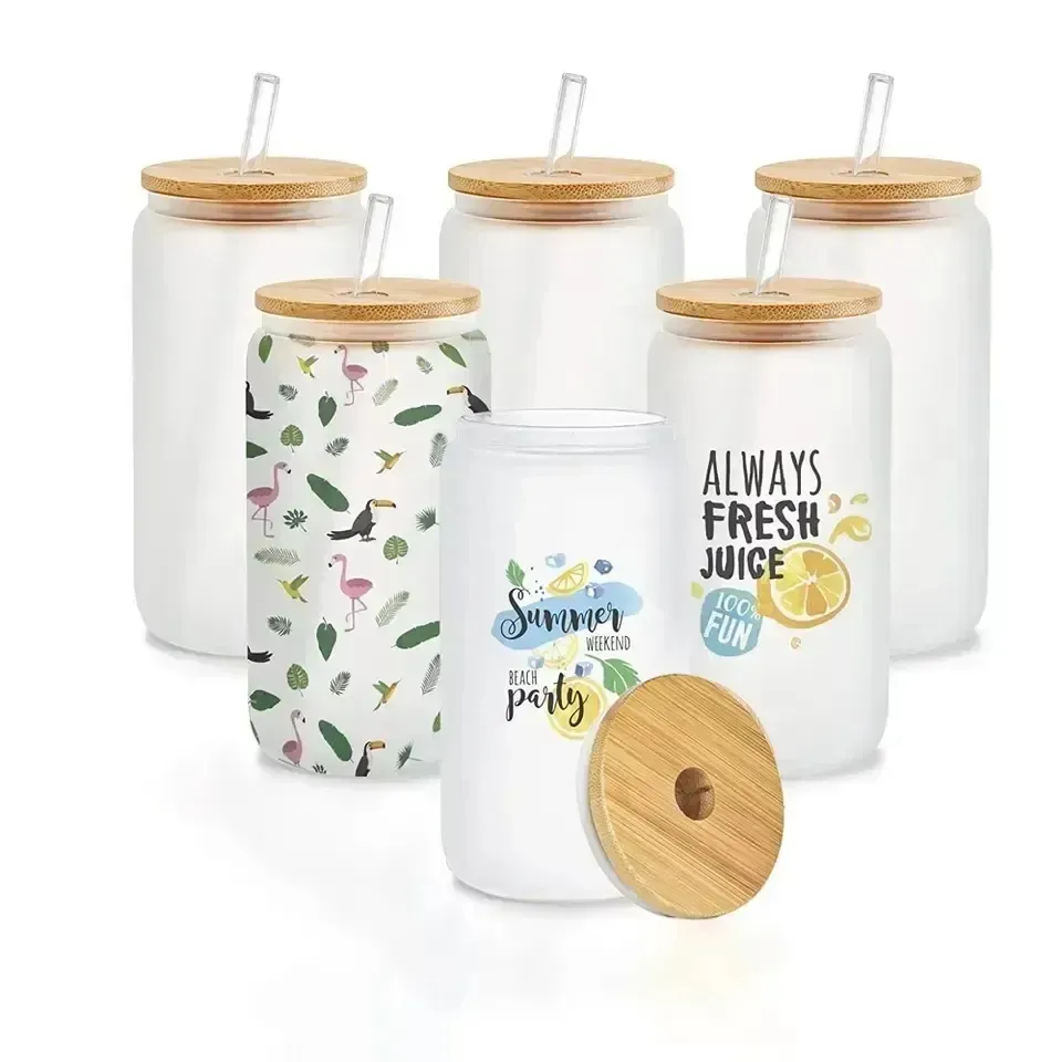 US Warehouse 16oz Sublimation Glass Beer Mugs With Bamboo Lid Straw DIY ...
