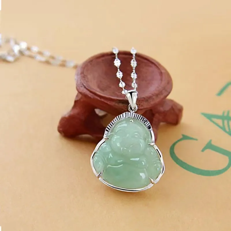 Silver Necklace Female Silver Inlaid Natural Jade Buddha Pendant