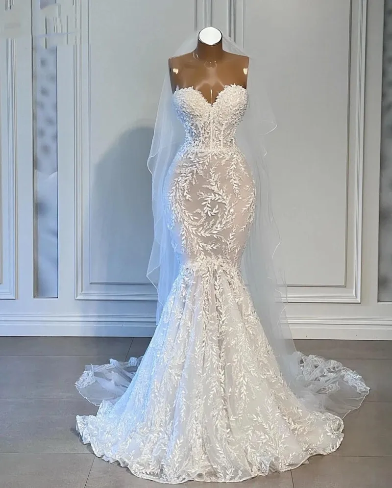 Modestes robes de mariée en dentelle blanche pour femme mariée chérie vintage sirène robe de mariée avec train de balayage de voile