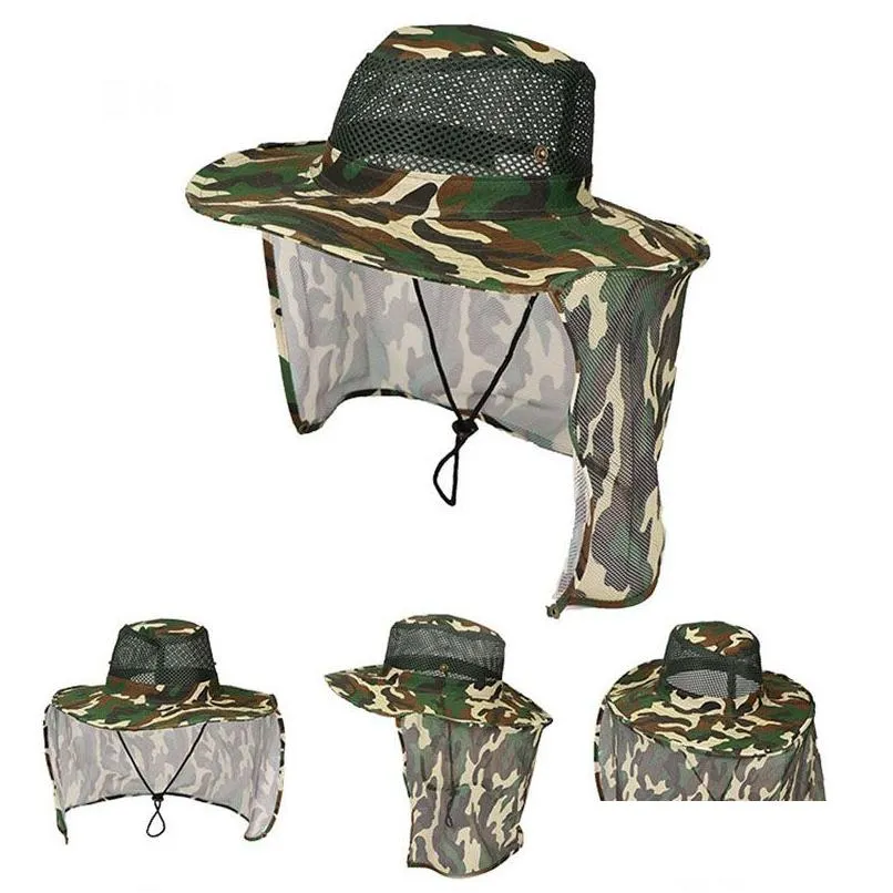 Altre forniture per feste festive Army Camouflage Cappello da pescatore Poliestere Outdoor Sunsn Mesh Alpinismo Pesca Collo Viso Protectio Dhebn