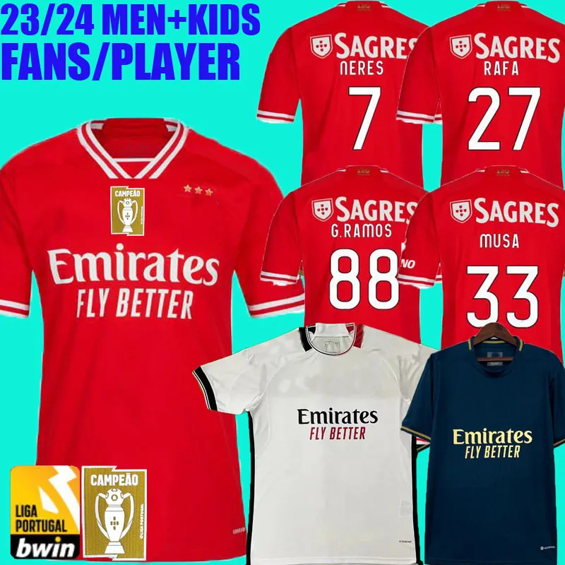 23/24 Benfica Futbol Forması Camisetas Çocuk Kiti 2023 2024 Ev Camisa Şampiyonlar Futbol Gömlek Oyuncu Versiyonu G.Ramos Neres Aursnes Rafa Musa Otamendi Grimaldo J. Mario