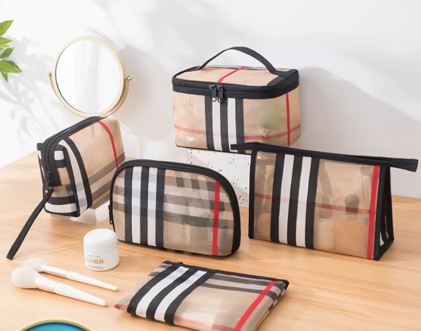 Top Plaid Mesh Cosmetic Bag Multi-Functional Transparent Wash Bag Pvc Waterproof Buggy Bags Five-Piece Set