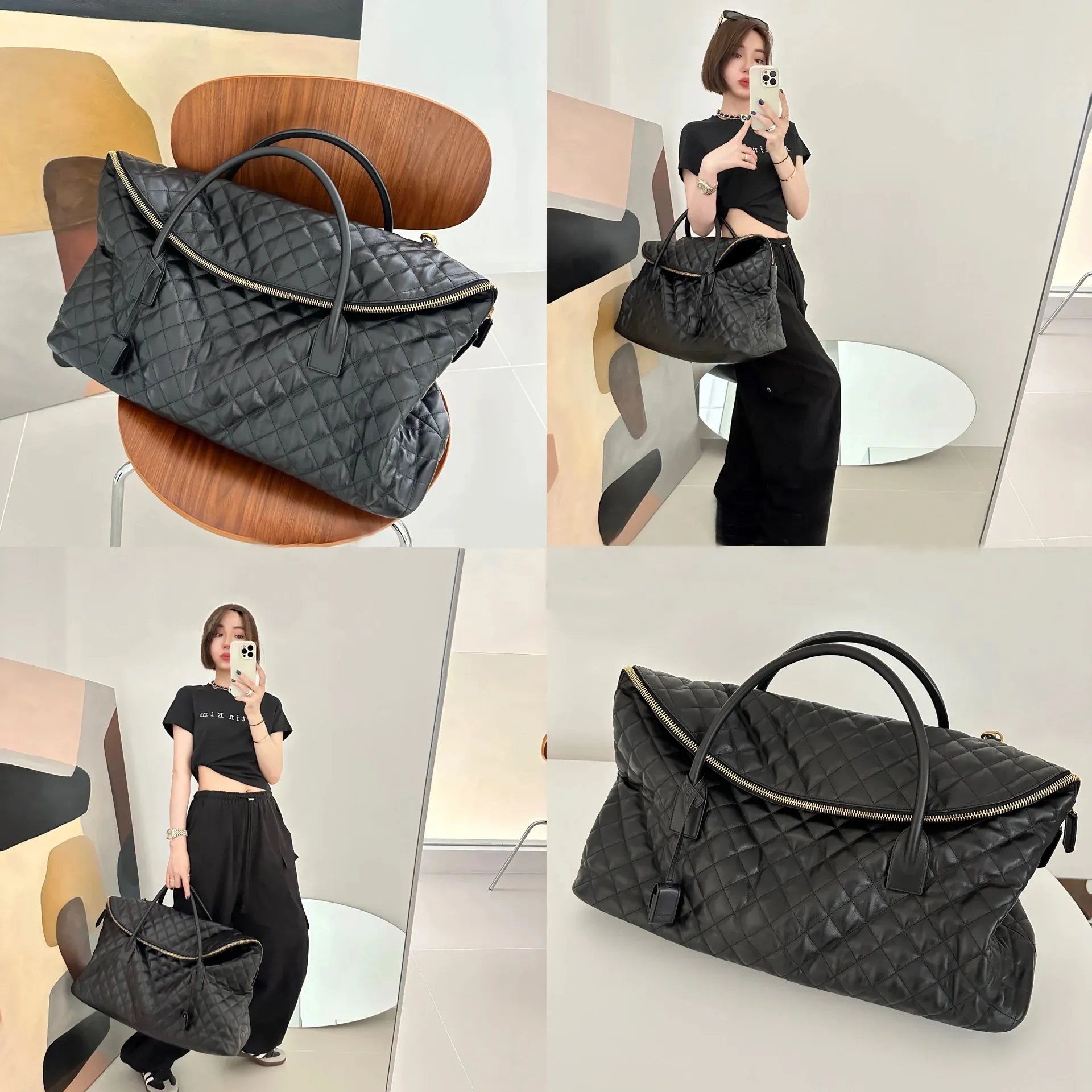 ES Sac de voyage en cuir matelassé Designers Noir Femmes Grands sacs fourre-tout Sacs à main Sacs à main Bagages Cross Body Portefeuilles Embrayage Mans Top Poignée Sac Épaule Zipper Lady