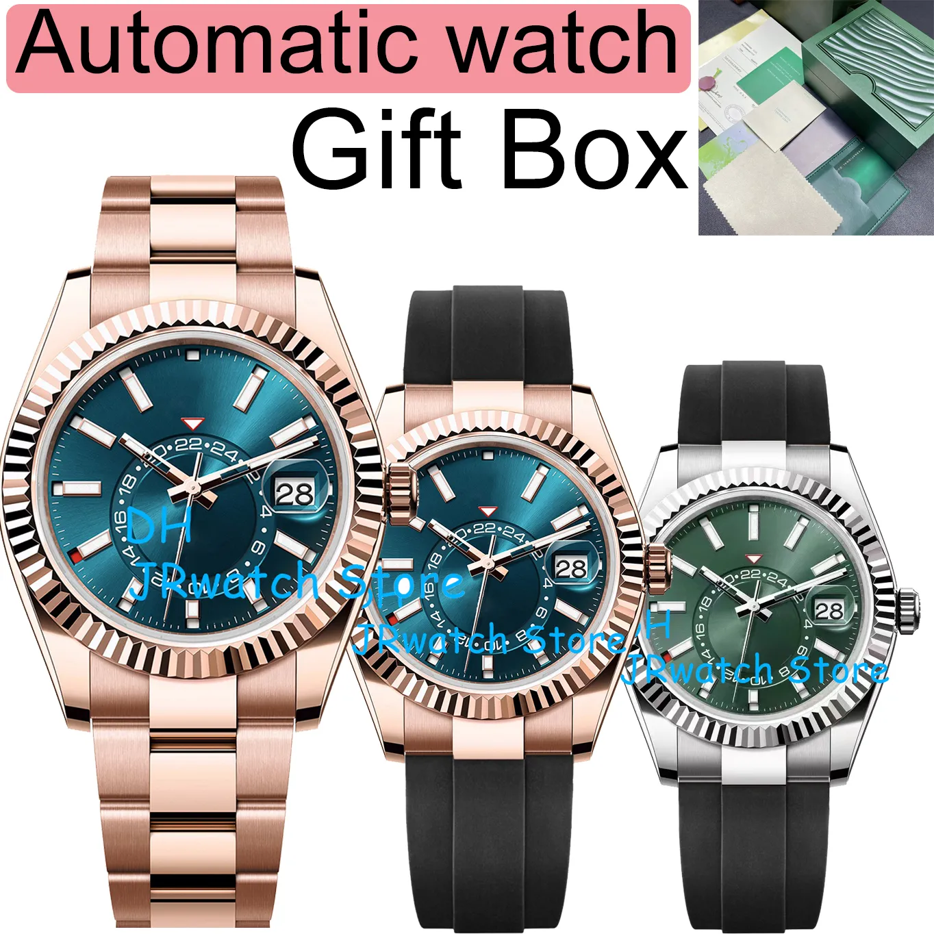 Top Luxury Men s Sports Watch SKY Dweller 2813 Automatic Mechanical Watch GMT Stainless Steel Diving Waterproof Luminous Sapphire Watch Glow Luxury Gift box