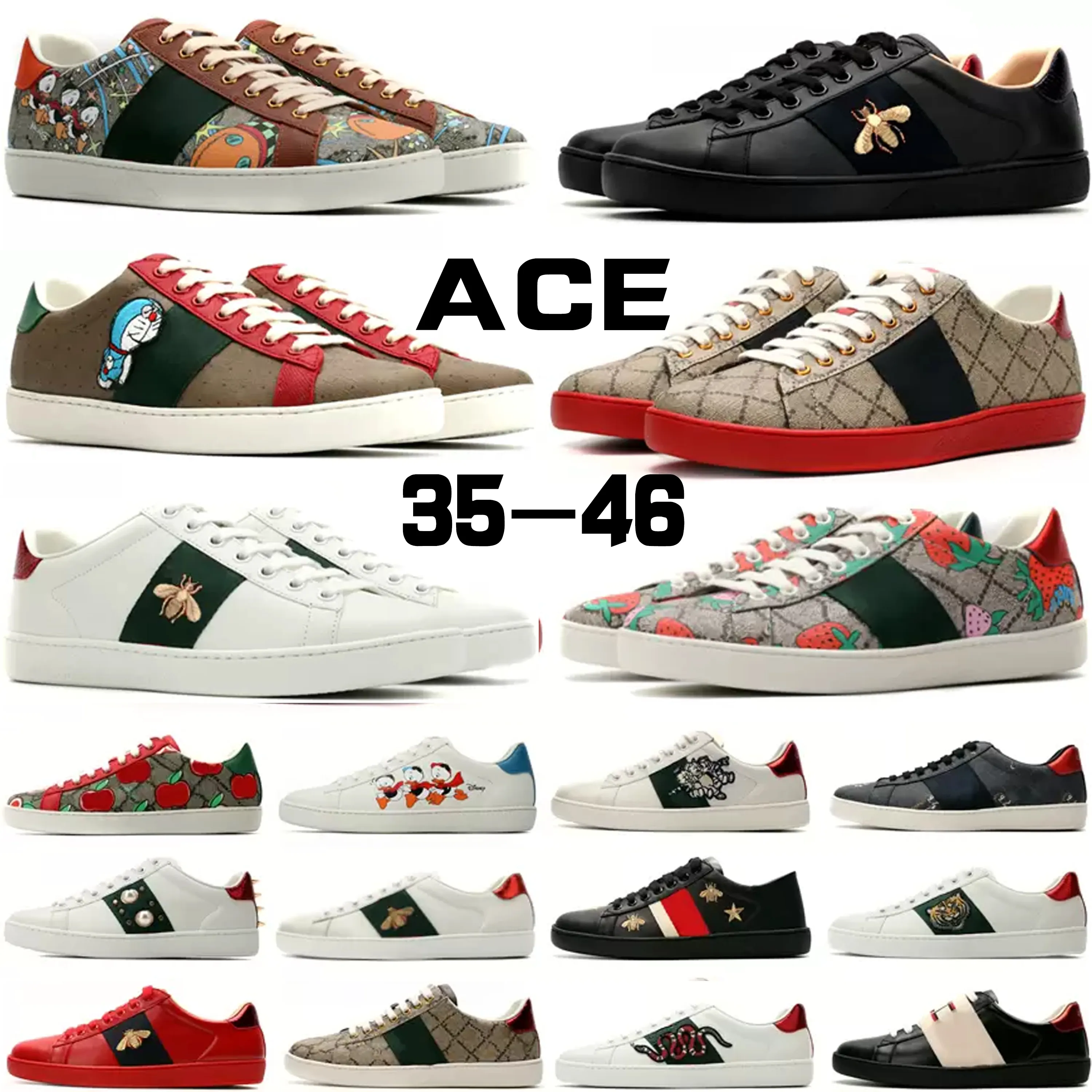 Sapatos de grife clássicos femininos desenhos animados sapatos casuais Bee Ace Couro Genuíno Lona Bordado Estampado Listras Clássico Masculino Branco Verde Listras Jogging Tamanho 35-45