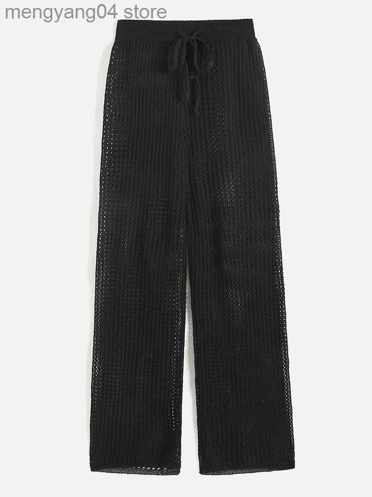 Pantaloni da donna Capris ZAFUL Abbigliamento da spiaggia da donna Bot tom Pantaloni lunghi da spiaggia Cover Up Solid Coulisse Crochet Straight