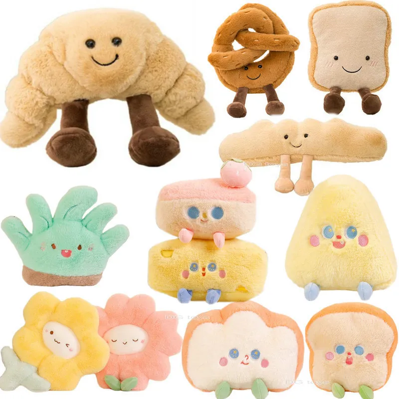 Almofadas de pelúcia Coscões de desenho animado macio Figura Pretzel Crossant Toast Bread Doll Food Toy Toy Baguete de Baguete caça decoração para garotas Aniversário 230530