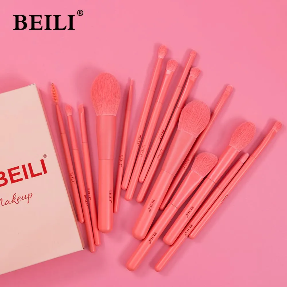 Brochas BEILI 15 piezas Brocha de maquillaje vegana Nano Fibra de lana Base Sombra de ojos Polvo Rubor Ceja Coral Naranja Juego de brochas de maquillaje