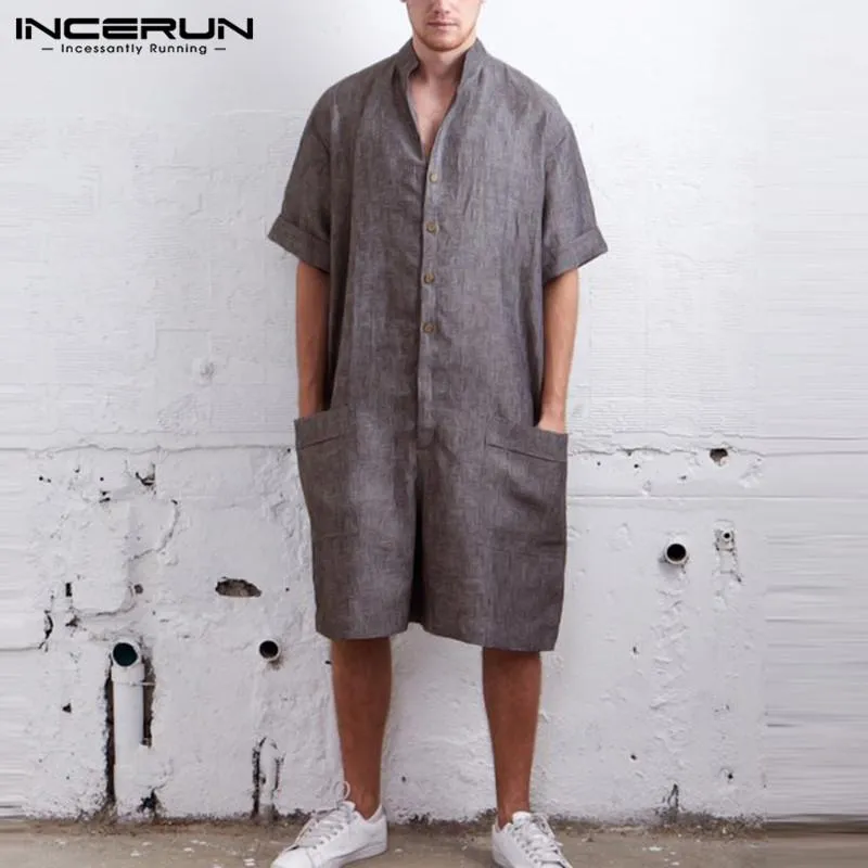 Overalls INCERUN Summer Loose Men Rompers Cotton Half Sleeve Button Pants Vintage Casual Solid Men Cargo Overalls Jumpsuit Trousers Men