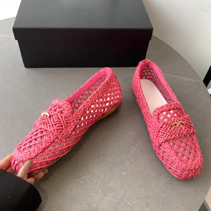 Kvinnors slip på klänningsskor designer hampa rep flätning runda tår toes tofflor låga klackar loafers klassiska rosa svart glid outoor casual sko med dammväska bröllopssko