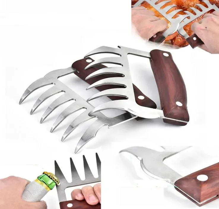 Metal Meat Claws Stainless Steel Meat Forks with Wooden Handle BBQ Meat Shredder Claws Kitchen Tools