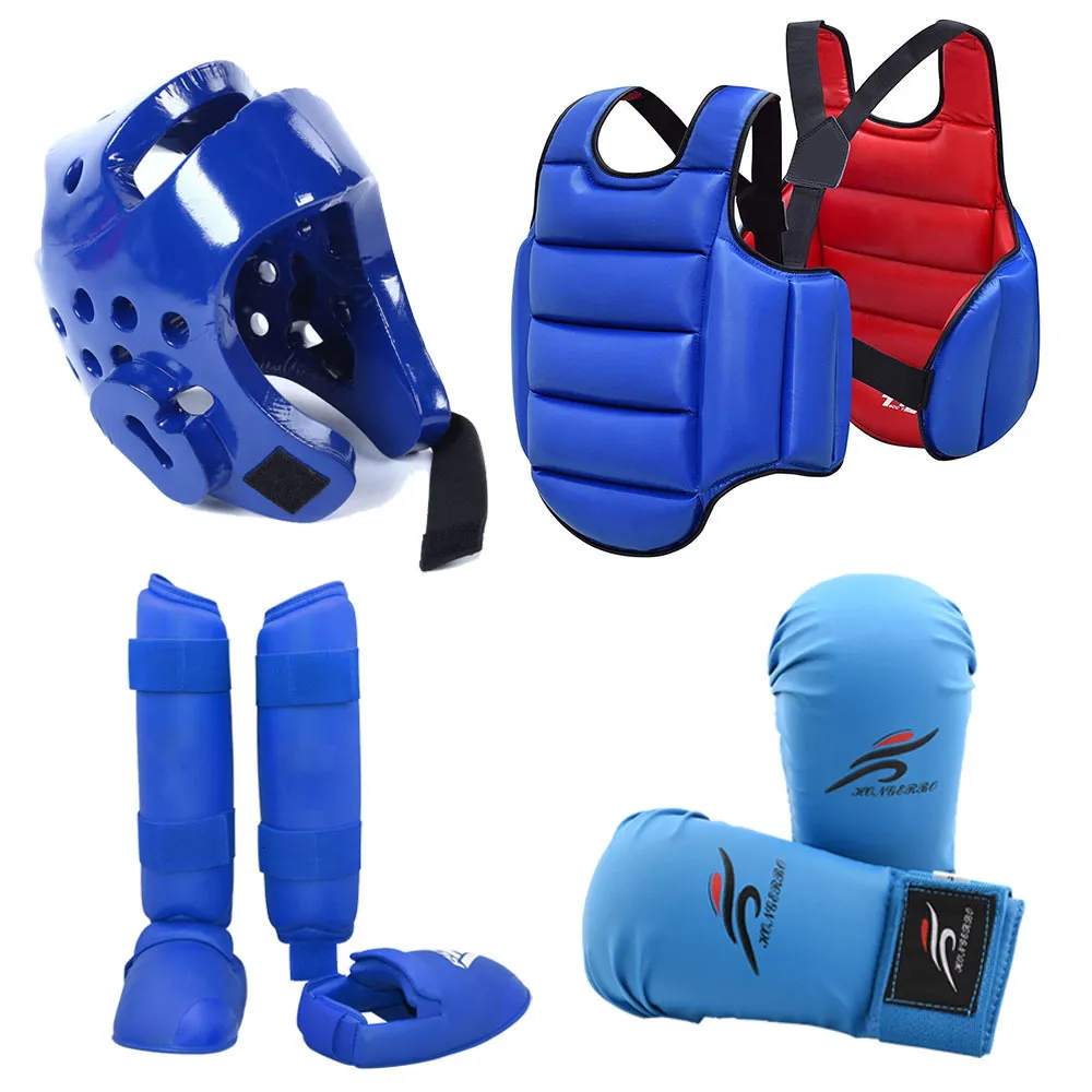 Beschermende uitrusting Karaathandschoenen Taekwondo Dobok Sparring Gear Uniform Set Helmm Boksapparatuur MMA Vest Pak Body Guards Judo Gi Kyokushin 230530