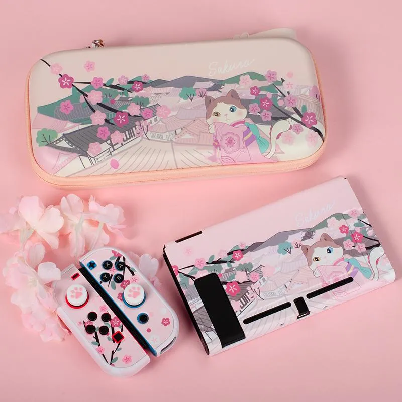 Bags Cute Sakura Cat Switch OLED Storage Carry Bag with 16 Game Card Slots Hard PC Cover Protective Case For Nintendo Switch Shell