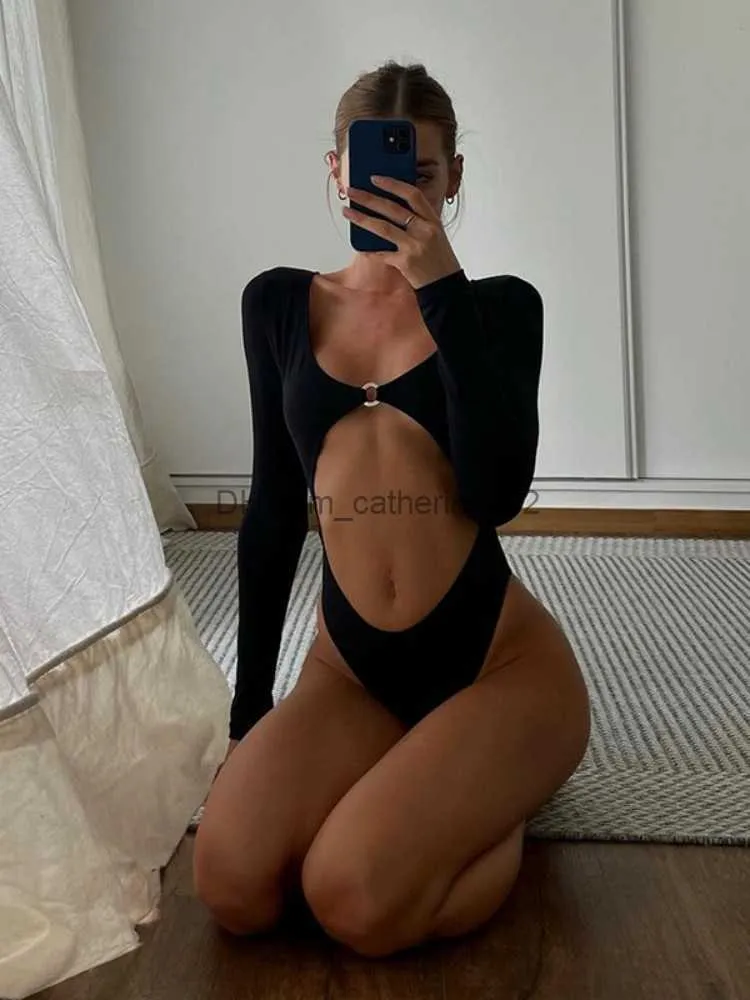 Kadın Tulumları Tulumcular Sergileri Bodysuit Lingerie Seksi Vücut Feminino Uzun Kollu Korse Üst Siyah Tek Yüzeyler Moda Trendleri Kadın Giyim T230531