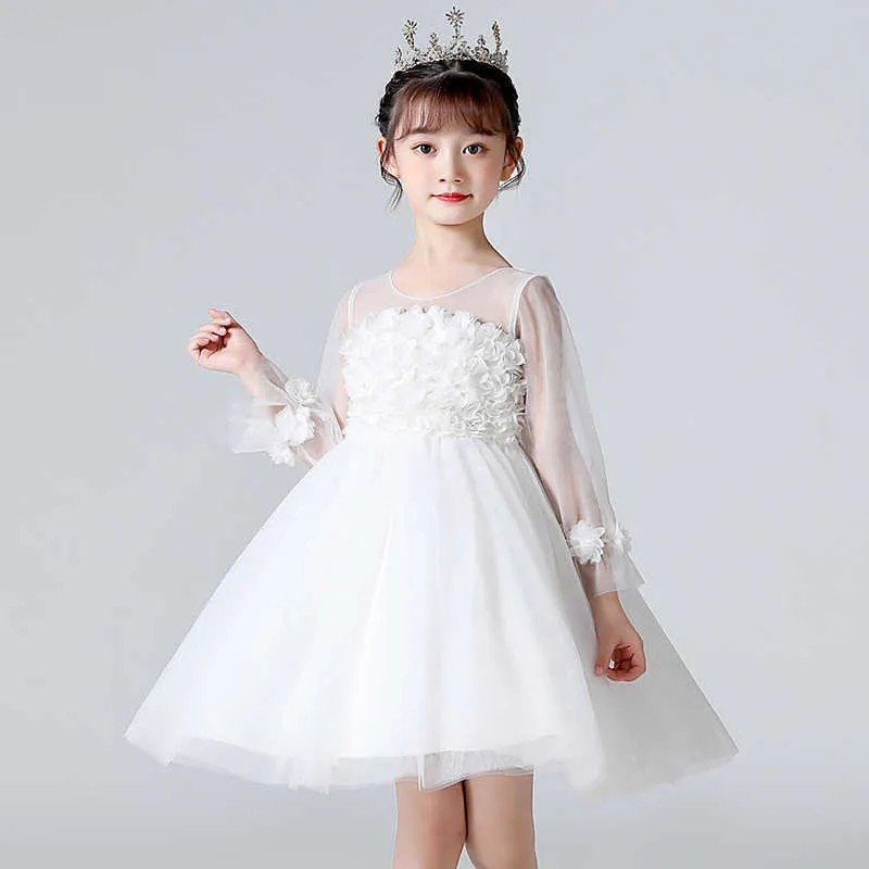 Girl's Dresses Autumn Baby Girls Sweet Mesh Sleeve Flowers Embroidery Dress Flowers Princess Dress Kids Clothes