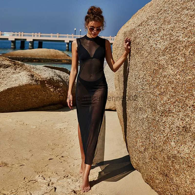 Sukienki imprezowe Vamos Todos 2021 Summer Solid Split Woman sukienka bez rękawów See Through Beach Sexy Bikini Cover Up eleganckie siatki czarne ubranie T230531