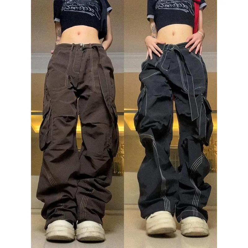 Kvinnors byxor capris last kvinnor vintage multi pocket hip hop streetwear lösa casual wide ben tröjor kläder 230530