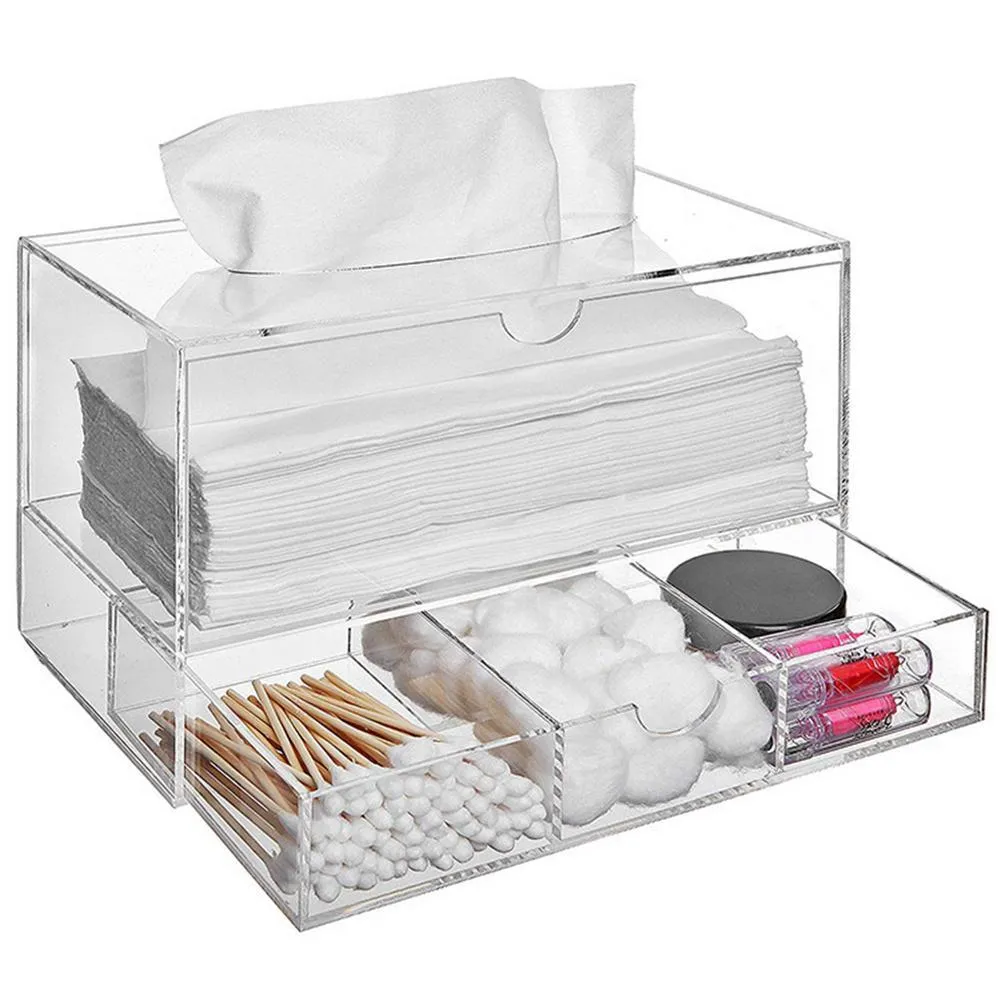 Tillbehör akryl transparenta lådor smink arrangör vävnader hållare dammtät kosmetisk lagringslåda 4 låda skrivbord arrangör lagring