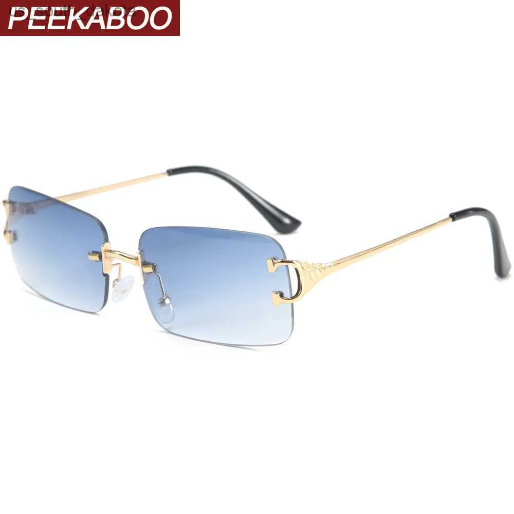 Peekaboo óculos de sol retangulares azuis sem aro masculinos de metal fashion óculos de sol quadrados para mulheres com lente gradiente sem moldura 2021 uv400 L230523