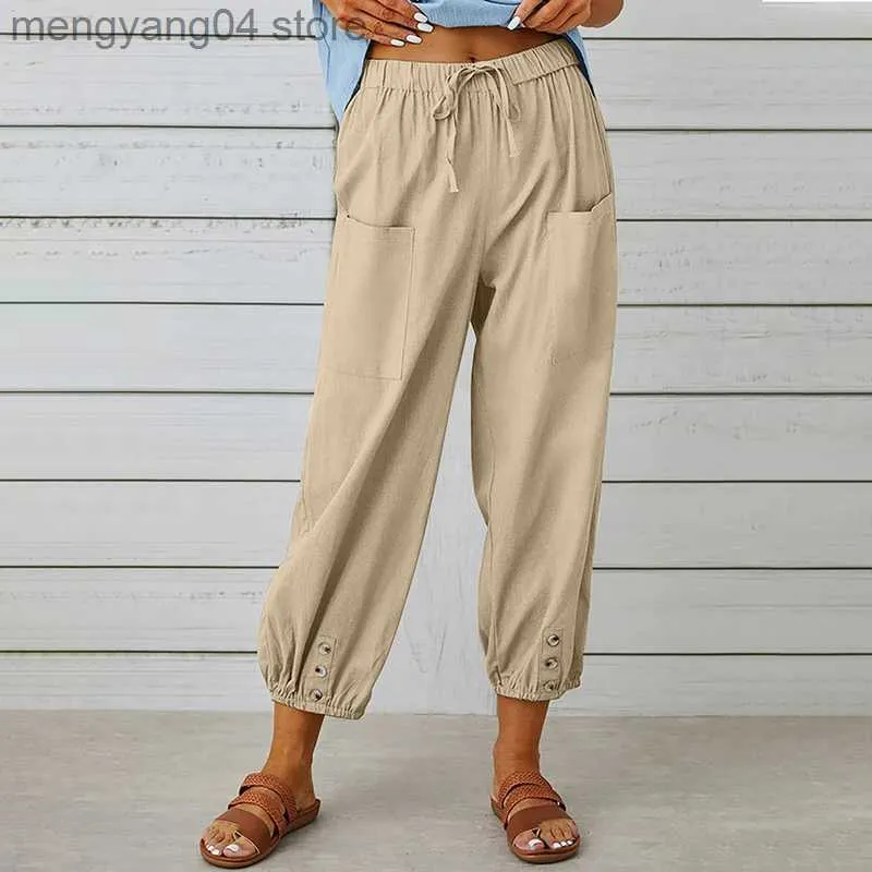 Женские брюки Capris Женщины хлопковые льняные брюки до лодыжки лето твердый цвет эластичный талия свободные брюки женские винтажные повседневные карманы грузовые штаны T230531