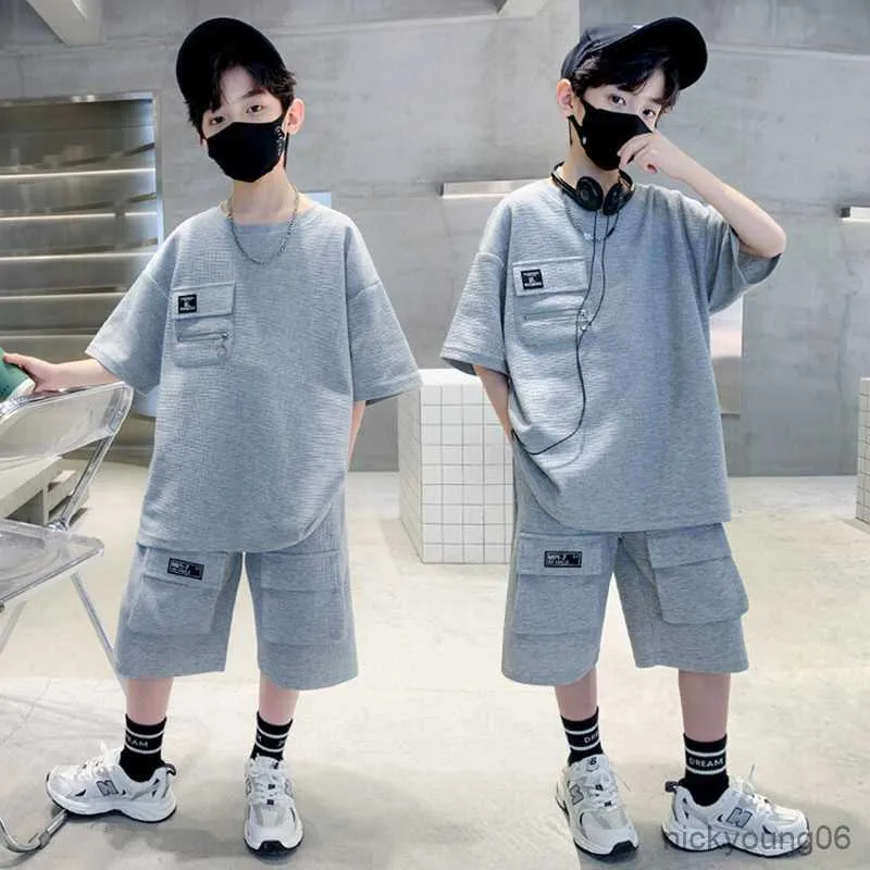 Boys Shorts And Shirt Set Summer Casual Outfit, Solid Color, Loose