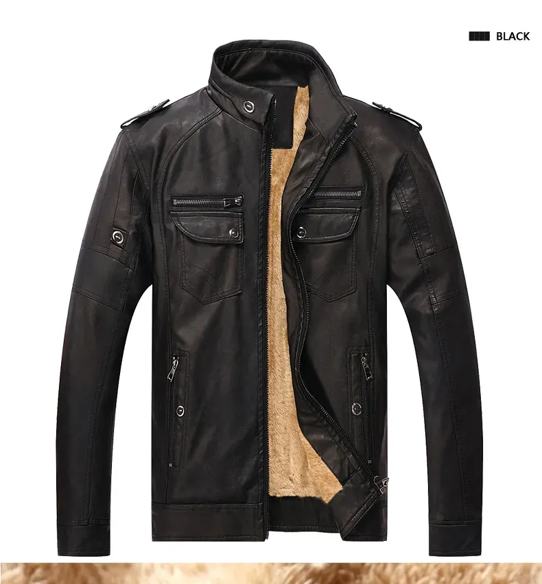 Brand Designer Men Leather Jacket Coat Fashion Stand Collar Slim Fit Thick Fleece Men Jackets For Autumn Winter