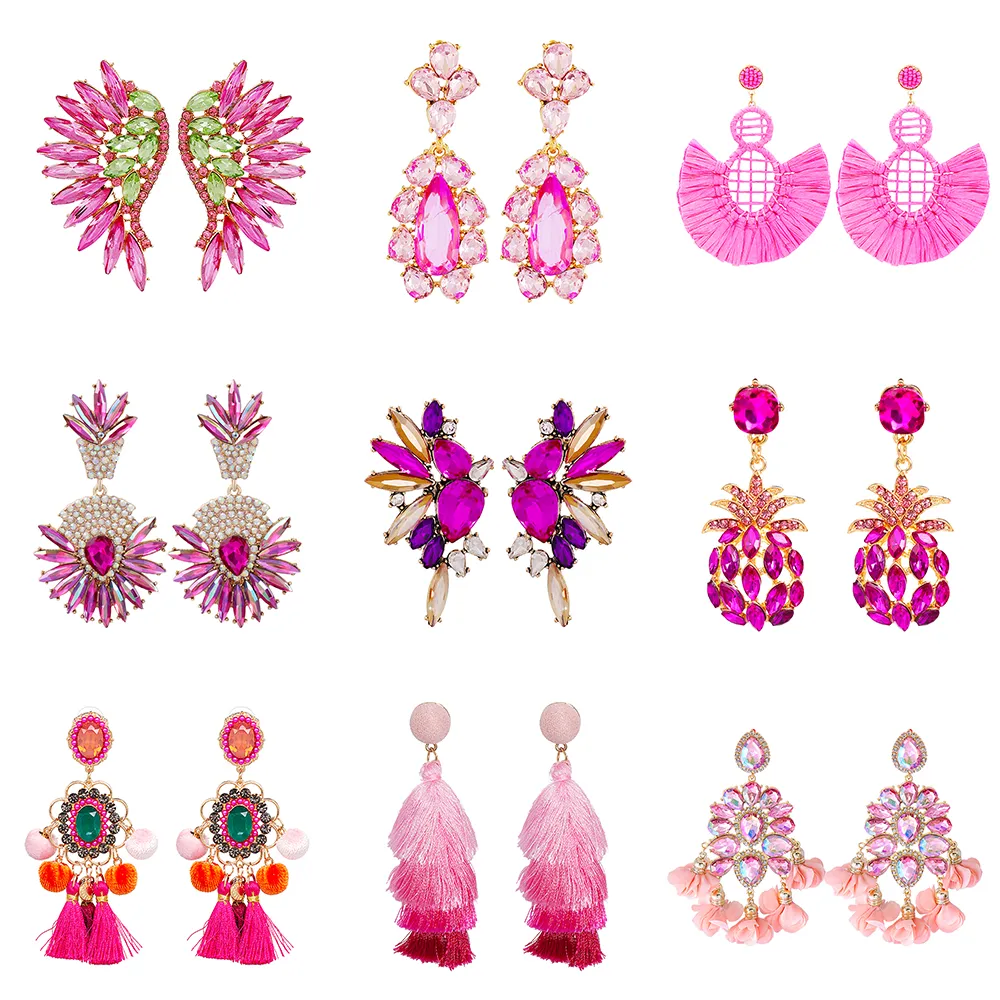 Wholesale 48 Styles Statement Lovely Pink Series Crystal Tassel Dangle Drop Earrings for Women Girls Fashion Party Jewelry Gift