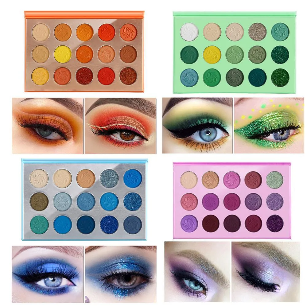 15 Färgmatt Glitter Eyeshadow Palette Ljus pigmenterade gröna orange ögonskuggor Pallete Acceptera logotyp