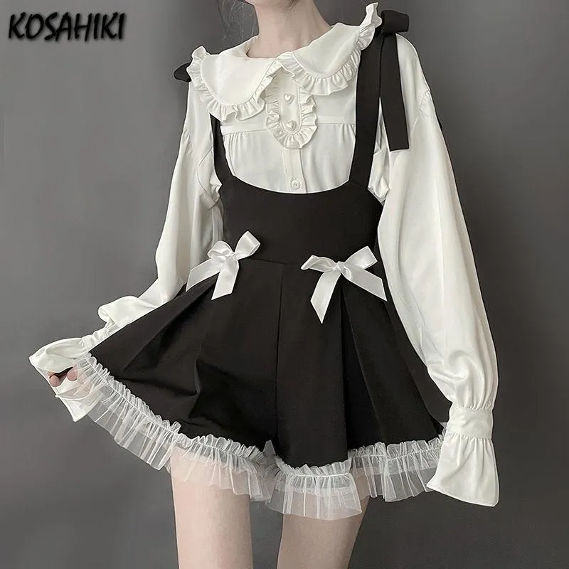 Shorts KOSAHIKI Japanese Style Gothic Lolita Sets Girly Sweet Kawaii Bow Tulle Patchwork Shorts Pants White Blouse Women Cute Outfits