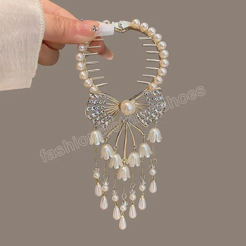 Doux nœud gland haute queue de cheval Clip pinces à griffes cristal perle queue de cheval boucle strass cloche fleur d'orchidée frange pince à cheveux