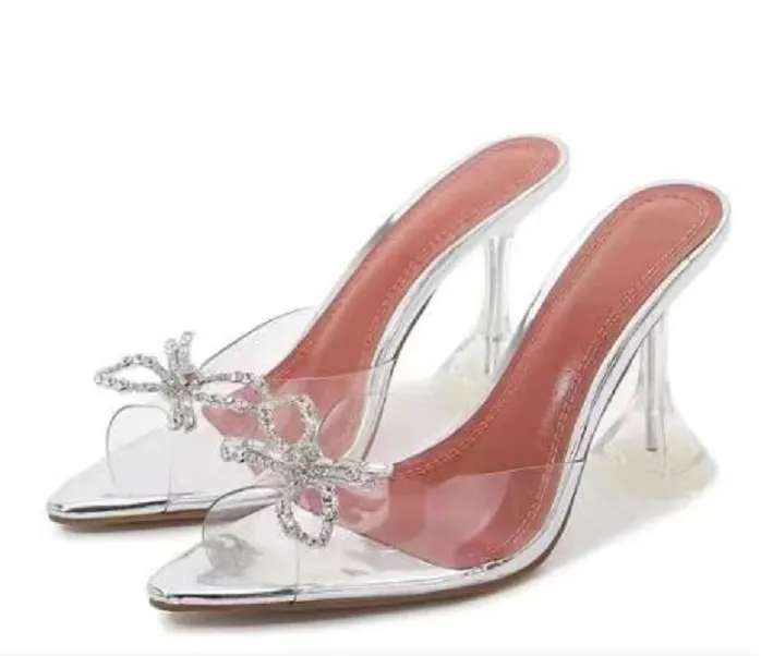 12 2030 banket vrouwen hoge hakken slippers pantoffels boog verfraaid strass muilezels spool hakken sandalen vrouwen zomer luxe ontwerpers schoenen sandaal 35-40