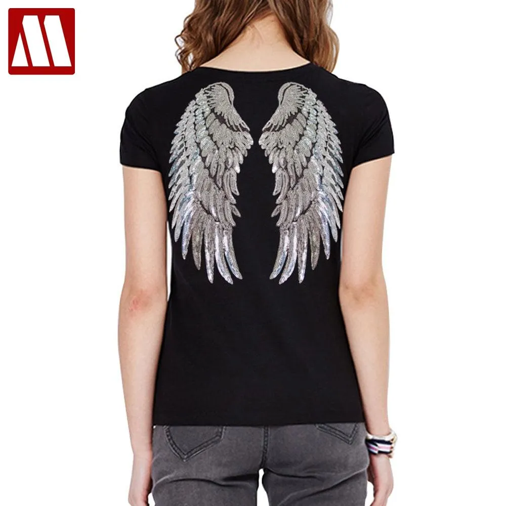 Camisas moda lantejoulas asas de anjo camiseta mulher causal topos novidade meia manga oneck t camisa novo verão solto sexy apliques tshirts